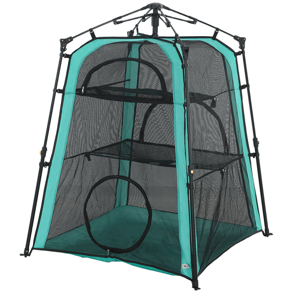 3-tier portable pet tent, indoor/outdoor use, multiple doors, carry bag, and breathable mesh.