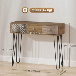 89cm Console Table with Drawers and Hairpin Legs, Brown