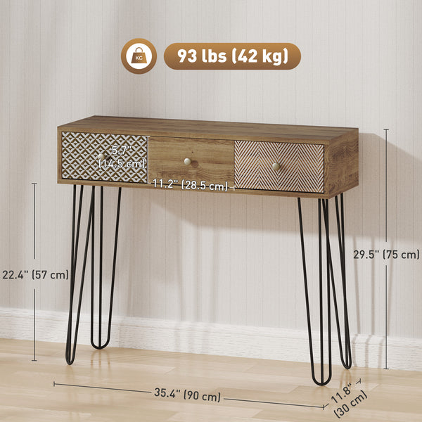 89cm Console Table with Drawers and Hairpin Legs, Brown