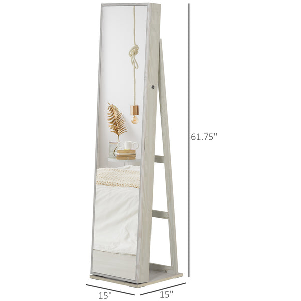 Armoire à bijoux avec miroir verrouillable avec éclairage LED, bois blanc