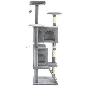 Arbre à chat 137 cm (54 po), tour à plusieurs niveaux avec griffoirs, niches, couchage, plateformes, rampe et balle, gris clair