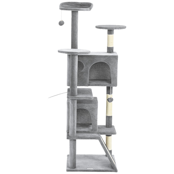 Arbre à chat 137 cm (54 po), tour à plusieurs niveaux avec griffoirs, niches, couchage, plateformes, rampe et balle, gris clair