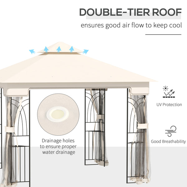 Gazebo de terrasse 10'x10' à toit souple avec toit à deux niveaux, rideaux en maille, étagères de présentation, crochets supérieurs, couleur crème