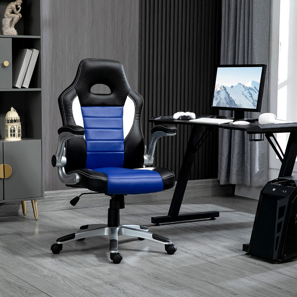 Fauteuil de bureau gaming en cuir PU, noir et bleu