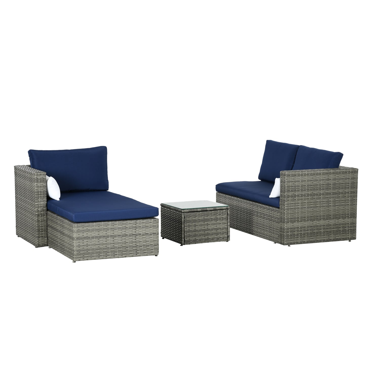 Outsunny 3 Piece Modern Rattan Sofa Set, Wicker Garden Furniture with Coffee Table, Cushions and Pillows