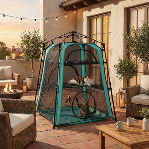 3-tier portable pet tent, indoor/outdoor use, multiple doors, carry bag, and breathable mesh.