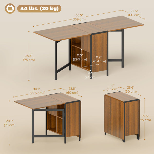 Multifunctional folding table with retractable shelves, brown