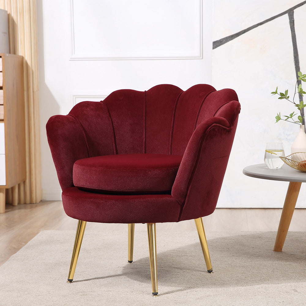 Fauteuil d'appoint lotus en tissu velours avec pieds en métal doré, bordeaux