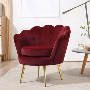 Fauteuil d'appoint lotus en tissu velours avec pieds en métal doré, bordeaux