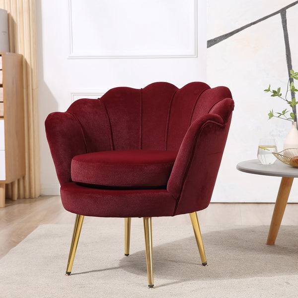 Fauteuil d'appoint lotus en tissu velours avec pieds en métal doré, bordeaux