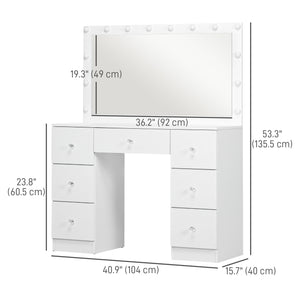Coiffeuse avec miroir et éclairage, 7 tiroirs et 14 LED, blanche
