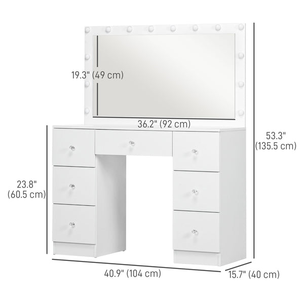 Coiffeuse avec miroir et éclairage, 7 tiroirs et 14 LED, blanche