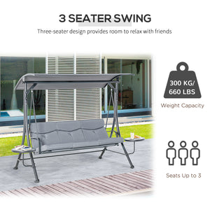 3 Seat Outdoor Swing Chair Steel Swing Bench Porch Swing With Adjustable Canopy, Coffee Tables and Cushion for Patio Garden, Dark Grey