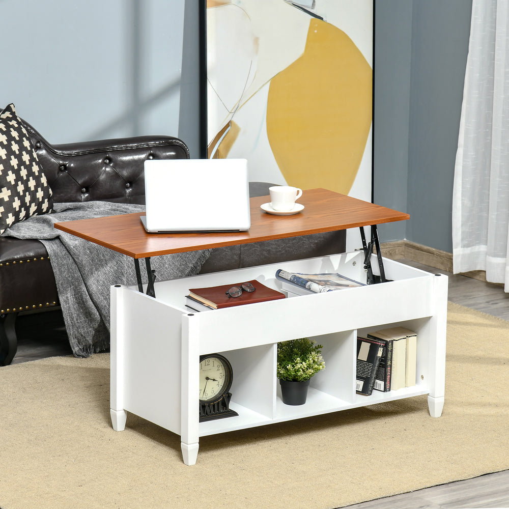 Table basse relevable avec compartiment de rangement dissimulé, blanc et marron