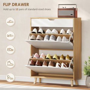Narrow entryway shoe cabinet with 2 drop-down drawers, a top drawer and adjustable shelves for 12 pairs of shoes, white