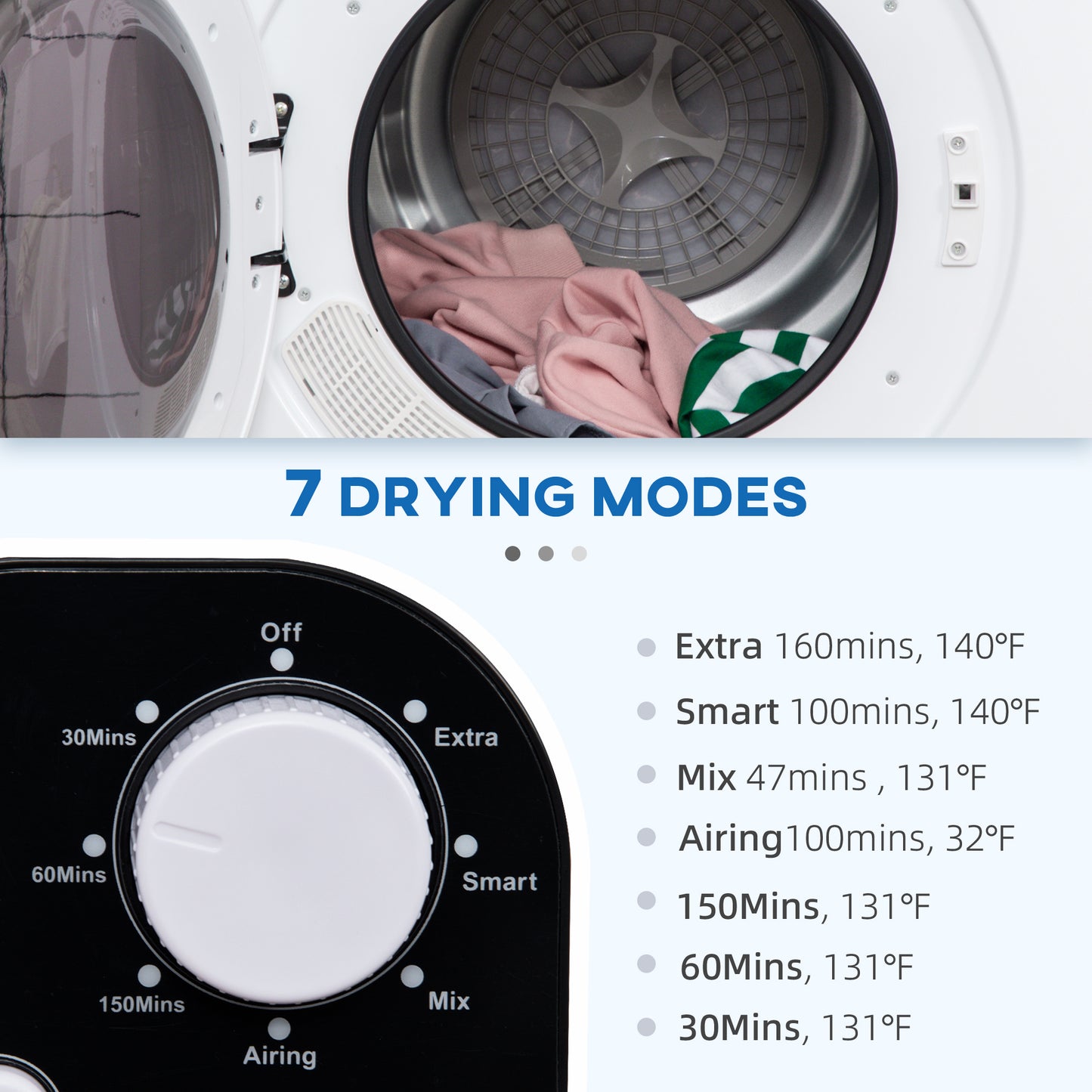 Compact Clothes Dryer, 1300W, 3.22 cu. ft., Electric, Portable, with 7 Drying Modes, for Apartment or Dorm, White