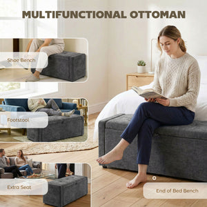 Banc-pouf de rangement avec revêtement en tissu aspect lin, assise large rembourrée, gris foncé