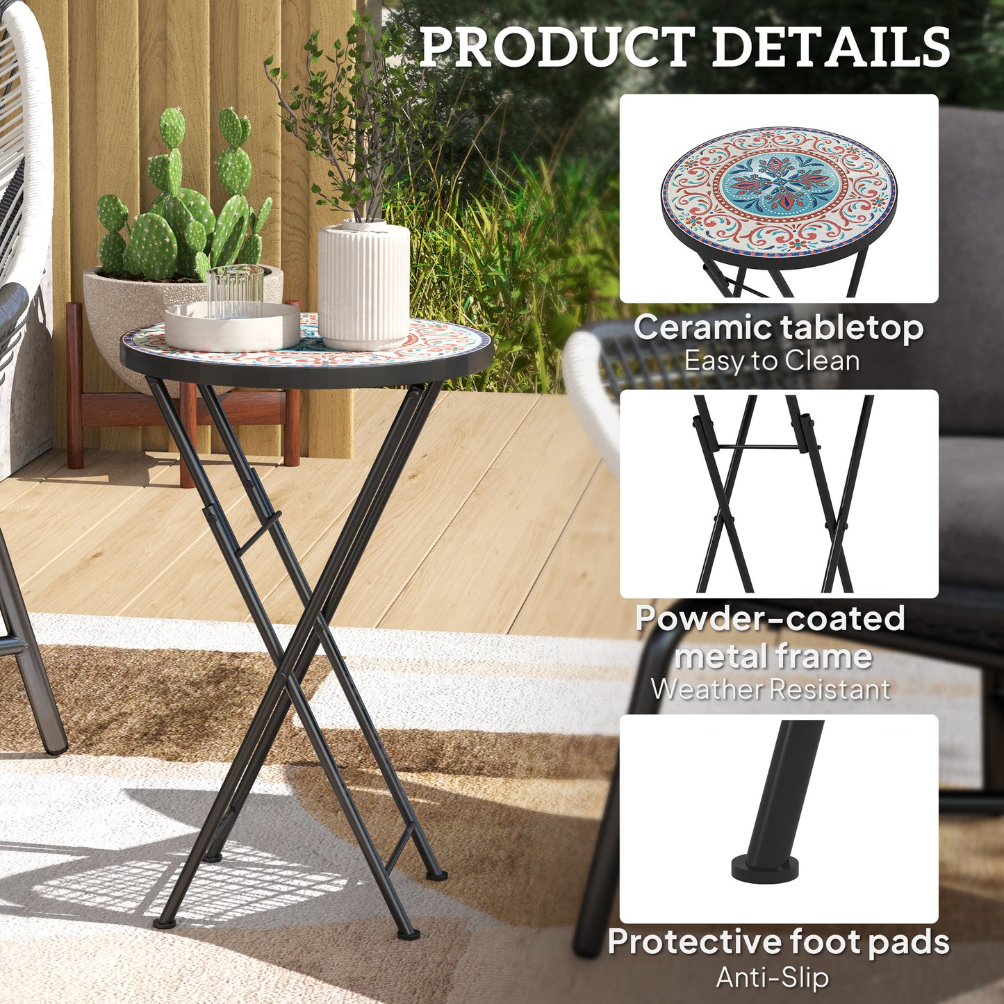 Outsunny Mosaic Outdoor Side Table, 14" Round Folding Coffee Table with Steel Frame for Balcony, Patio, Assorted Colors