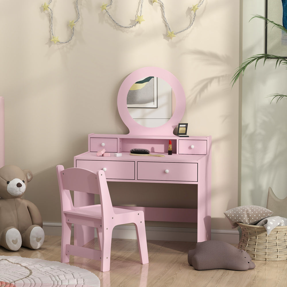 Coiffeuse avec miroir, tabouret et tiroirs de rangement, rose