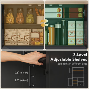 Meuble de cuisine avec 3 placards, 2 tiroirs, étagères réglables et support pour micro-ondes, noir.