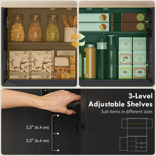 Meuble de cuisine avec 3 placards, 2 tiroirs, étagères réglables et support pour micro-ondes, noir.