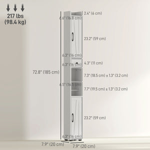 Meuble de salle de bain étroit  avec portes de grange, tiroir et étagères réglables, aspect bois blanc