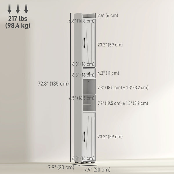 Meuble de salle de bain étroit  avec portes de grange, tiroir et étagères réglables, aspect bois blanc