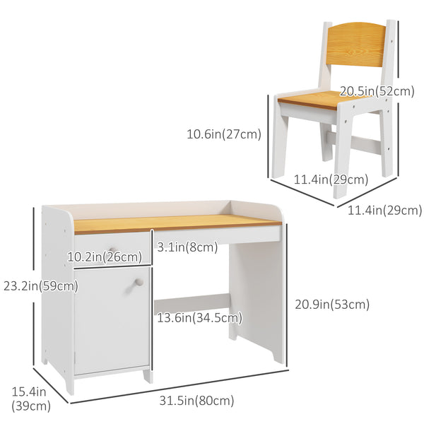 Kids Desk and Chair Set for 3-6 Year Olds with Storage Drawer, White