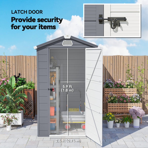 Abri de jardin en plastique avec porte à loquet, aérations, toit incliné, gris foncé
