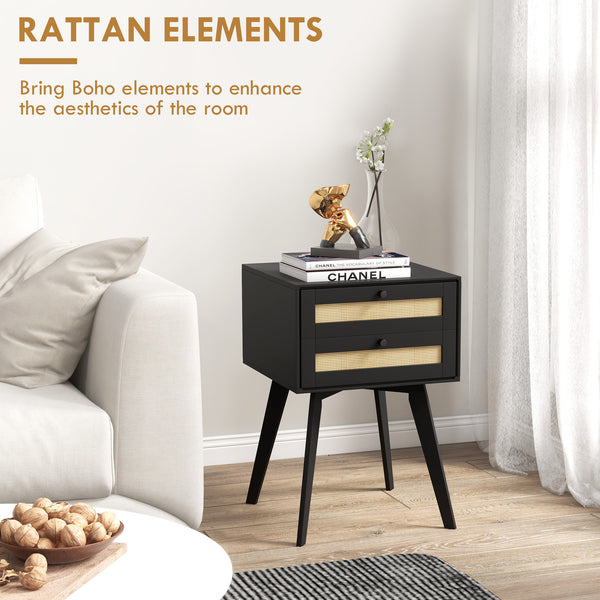 Lot de 2 tables de chevet bohèmes avec 2 tiroirs en rotin, noir