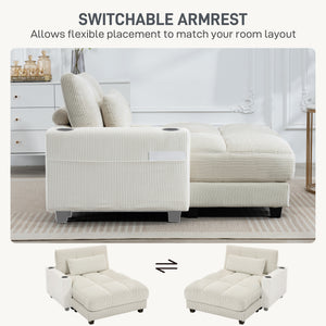 58" Indoor Chaise Lounge, Oversized Corduroy Sofa Bed with 2 Cup Holders, Pillow, Deep Seat Sleeper Couch, Cream White