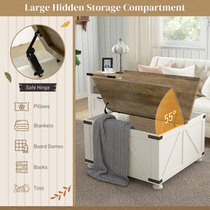 Table basse de style farmhouse avec couvercles rabattables, blanc antique