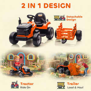 Tracteur 12 V orange avec remorque, télécommande, musique, lumières