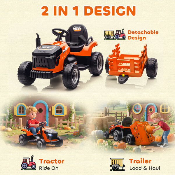 Tracteur 12 V orange avec remorque, télécommande, musique, lumières
