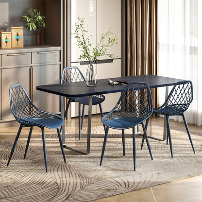 Lot de 4 chaises de salle à manger modernes en plastique avec dossier creux et pieds en métal, bleu