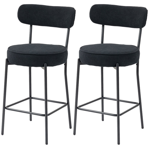 Set of 2 padded bar stools in corduroy, black