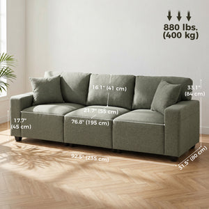 Canapé 3 places avec poches de rangement, moderne rembourré avec ressorts ensachés, vert