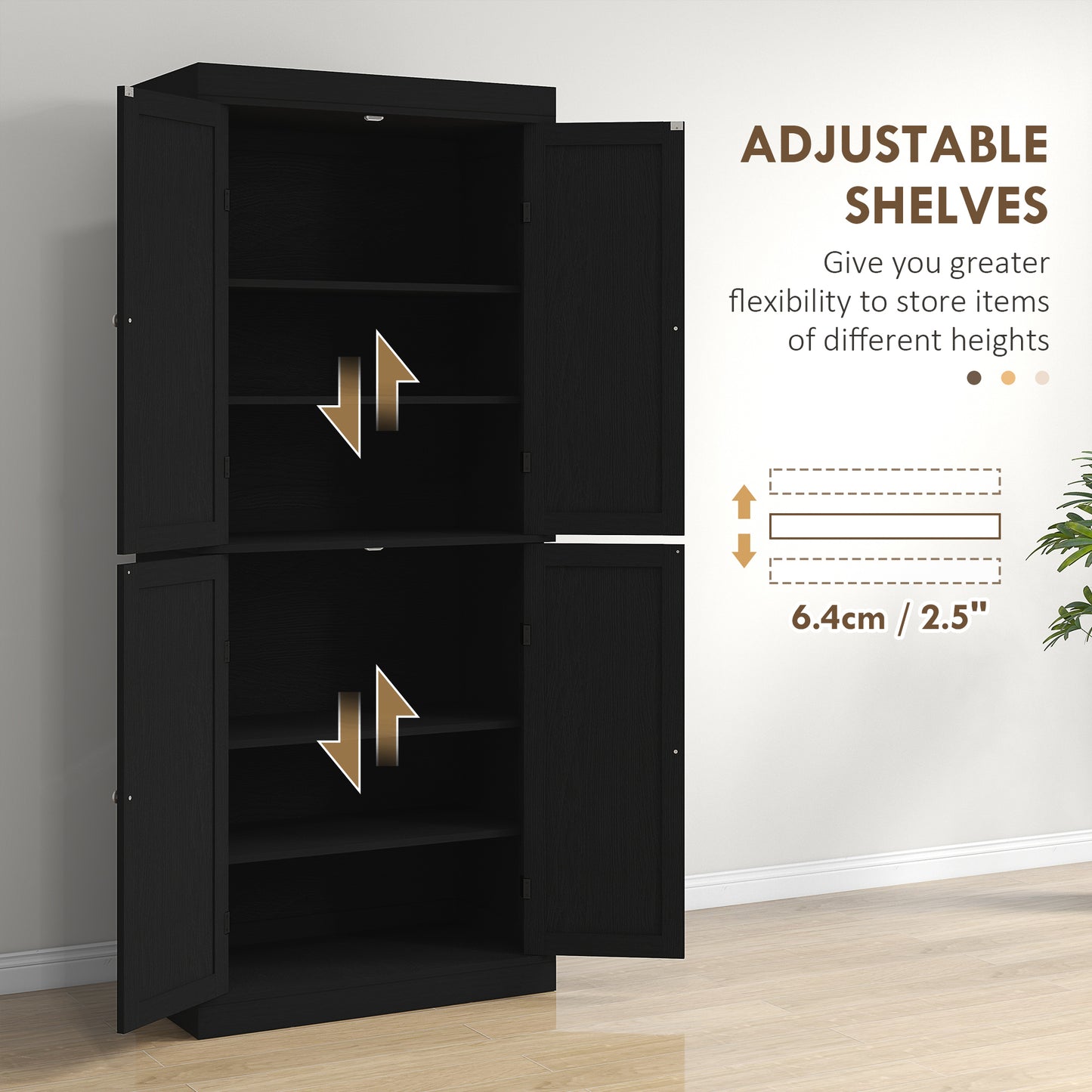 72.5" Freestanding Kitchen Cabinet with 4 Doors, Black