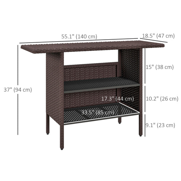 Table de bar d'extérieur en rotin avec 2 étagères de rangement, marron