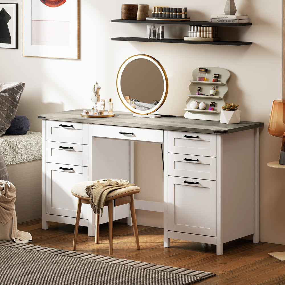 Bureau 57 po à 7 tiroirs avec prises, blanc et brun