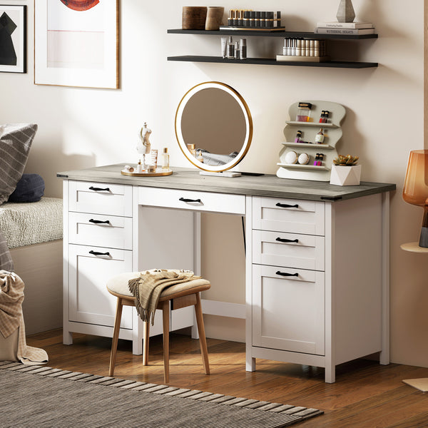 Computer Desk with Drawers Office Desk with 7 Drawers Charging Station Study Table 57" Brown White