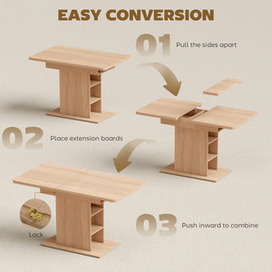 Table de salle à manger extensible pour 4 à 6 personnes avec 6 étagères ouvertes, en bois naturel.