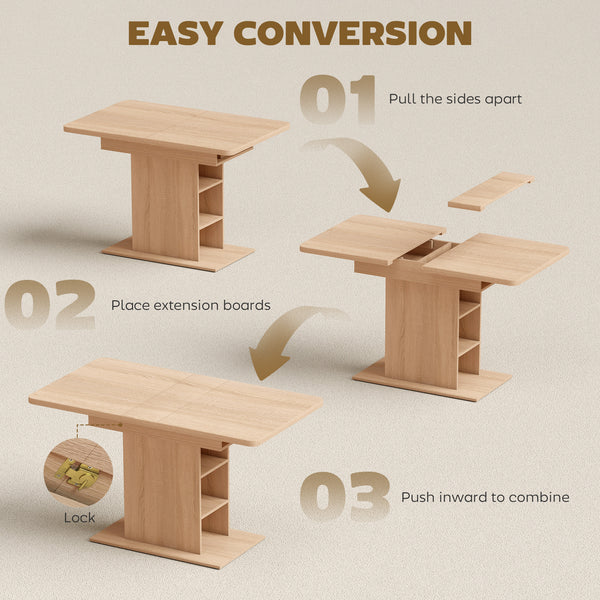 Table de salle à manger extensible pour 4 à 6 personnes avec 6 étagères ouvertes, en bois naturel.