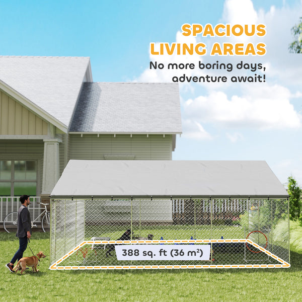 Heavy Duty Outdoor Dog Kennel with Waterproof Roof, Secure Latch, Chain Link Dog Run for Backyard, 19.7' x 19.7' x 8.9'