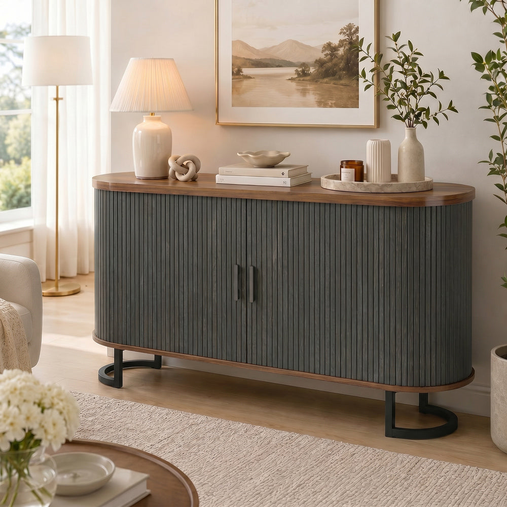 Buffet cannelé 55 po à portes coulissantes, noir et brun