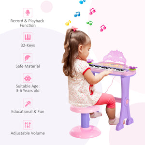 Piano électronique avec microphone et tabouret rose/mauve