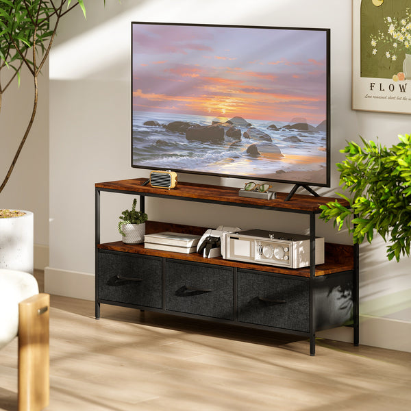 Furniture with charging station, 3 foldable linen drawers and open shelf for a 55-inch TV, rustic brown