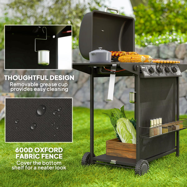 4-burner propane gas barbecue with side burner, thermometer, black