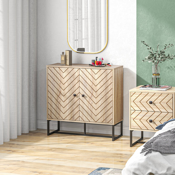 Modern sideboard with 2 herringbone doors and adjustable shelf, oak color