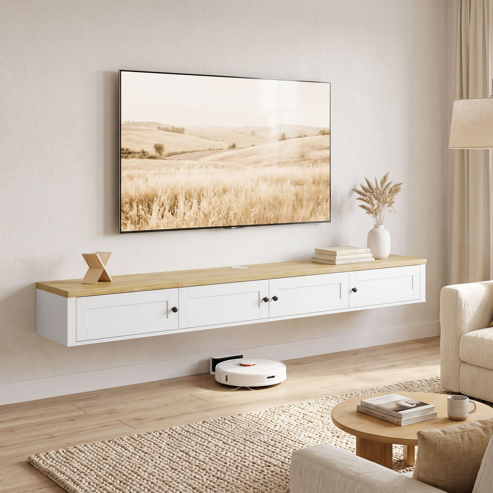 Meuble TV flottant mural jusqu’à 82 po avec rangement et station de recharge, blanc